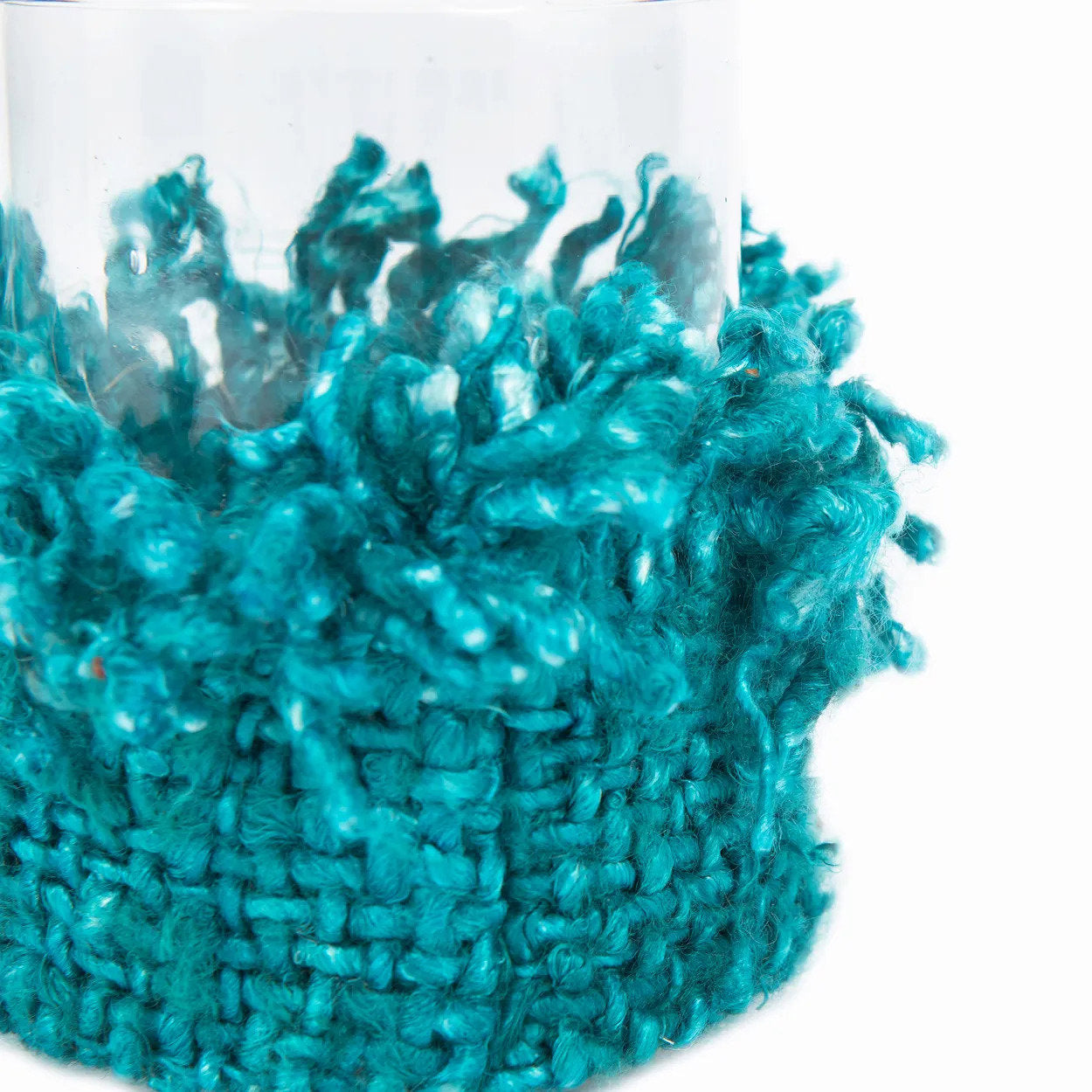 Kerzenhalter aus Glas mit Strickbezug in Aqua 8 cm