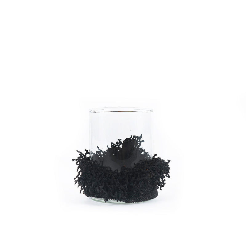 Windlicht aus Glas mit schwarzem Samt und Fransen