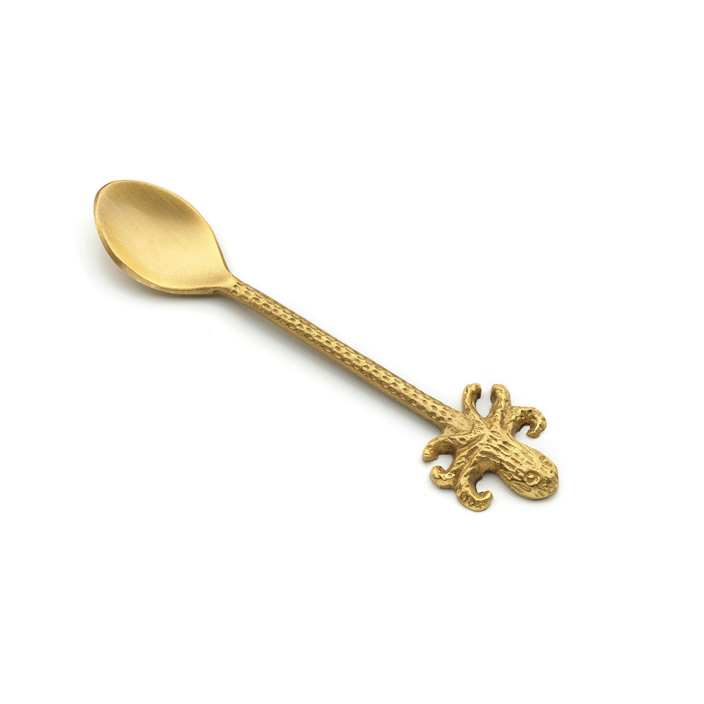Löffel aus Messing goldfarben mit gehämmertem Griff und Oktopus