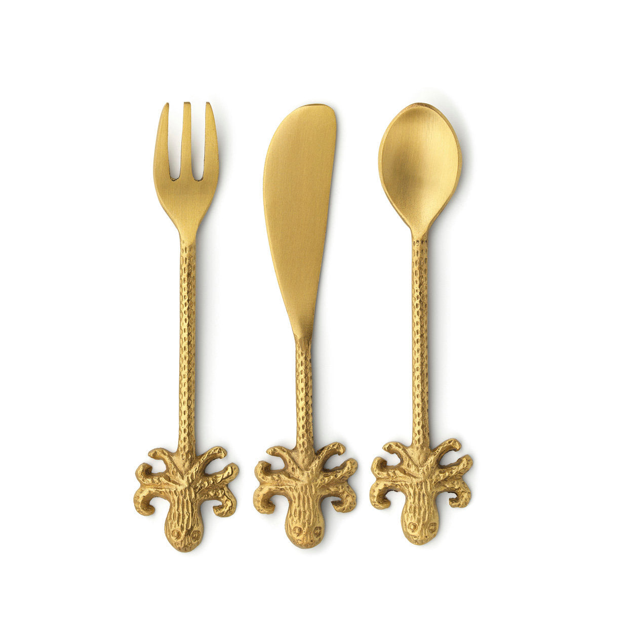Löffel aus Messing goldfarben mit gehämmertem Griff und Oktopus