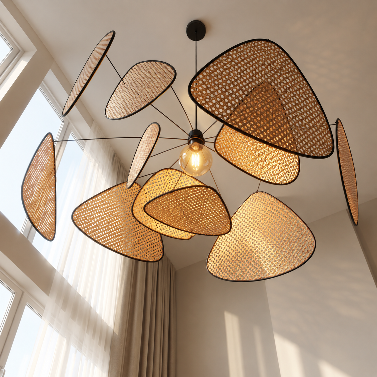 Lustre en rotin tressé naturel ASAKA – Forme feuilles d’Oxalis