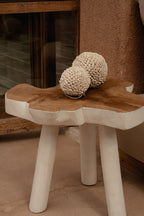 Beistelltisch aus massivem Teakholz in Naturweiß, organische Form – 45x45 cm