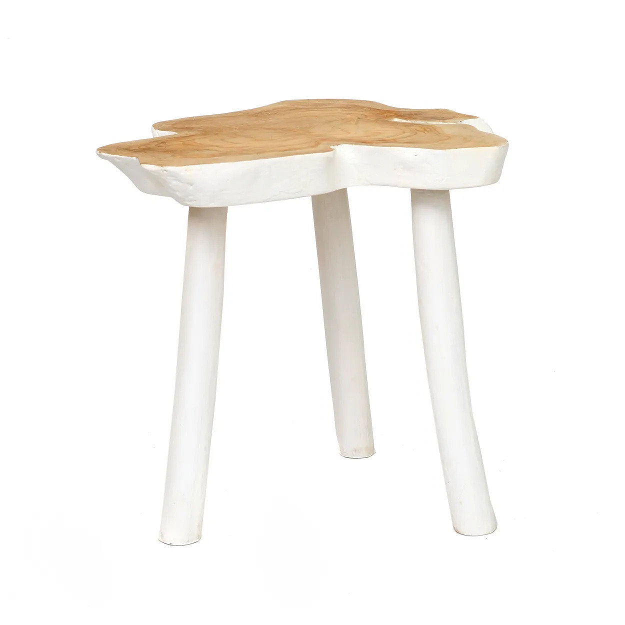 Beistelltisch aus massivem Teakholz in Naturweiß, organische Form – 45x45 cm