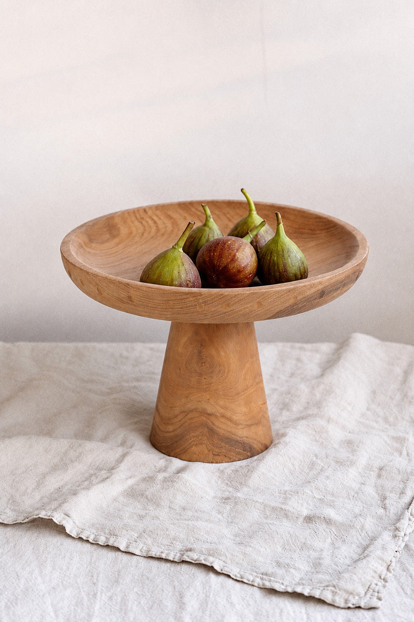 Plat à gâteau en bois de teck forme champignon naturel – Ø25 cm
