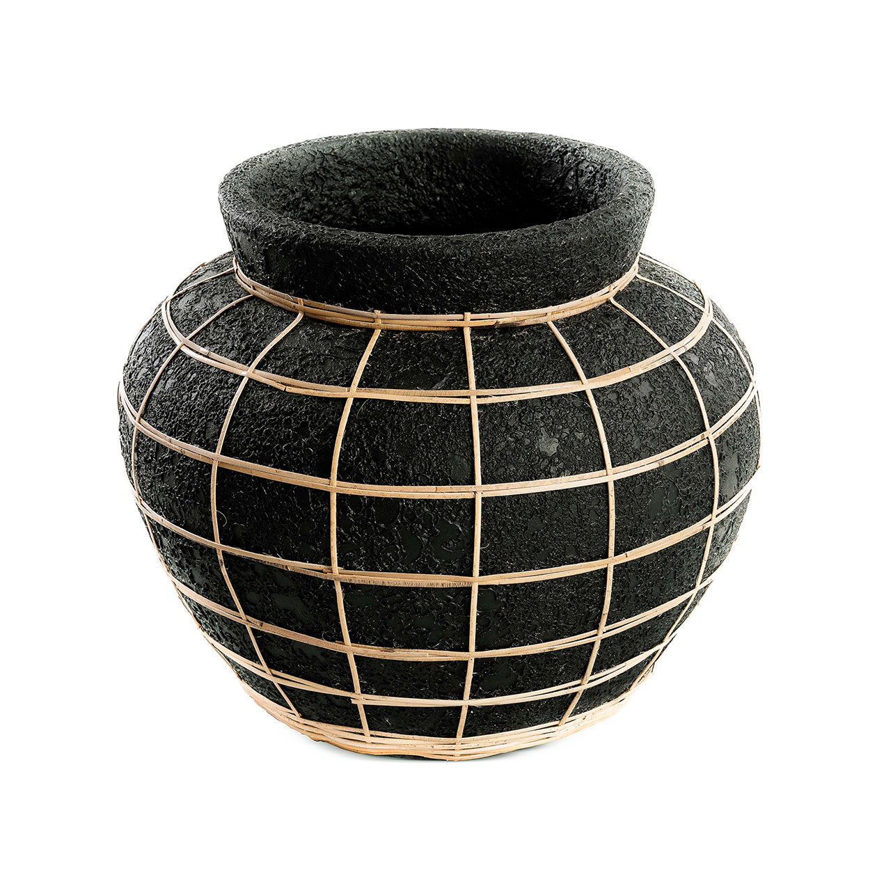 Runde Vase aus Terrakotta und Rattan in Schwarz Natur 33 cm