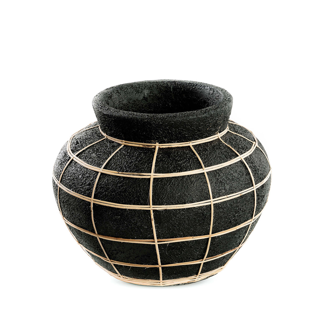 Runde Vase aus Terrakotta in Schwarz mit Rattan-Detail – H23 cm