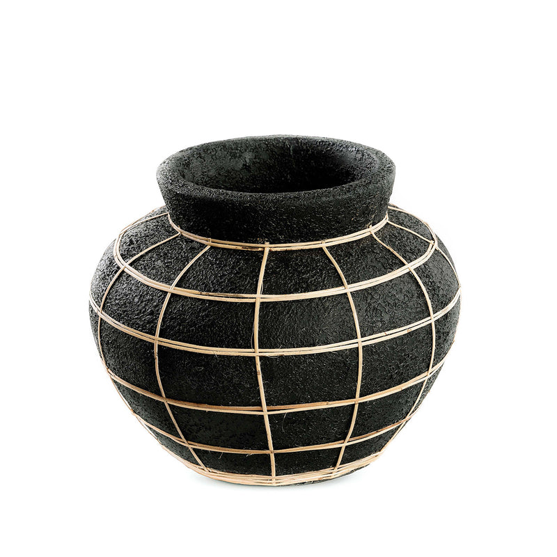 Runde Vase aus Terrakotta in Schwarz mit Rattan-Detail – H23 cm