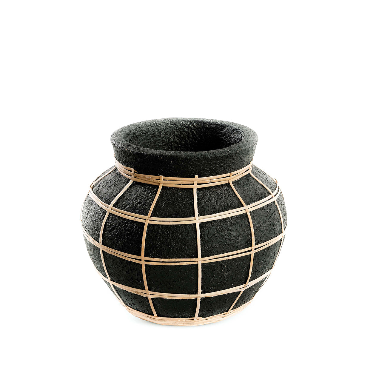 Runde Vase aus Terrakotta und Rattan in Schwarz Natur 19 cm