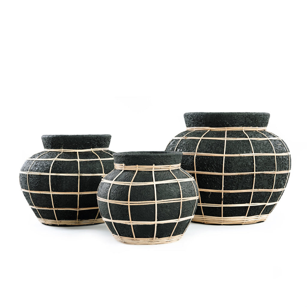 Runde Vase aus Terrakotta und Rattan in Schwarz Natur 19 cm
