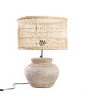 Tischlampe in Beton-Optik mit geflochtenem Rattan in Naturgrau – H48 cm