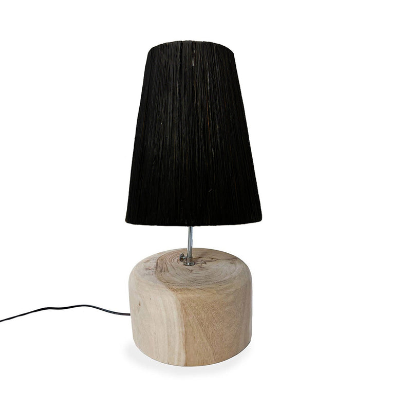 Konische Tischlampe aus Teakholz und Raffia in Schwarz – H55 cm