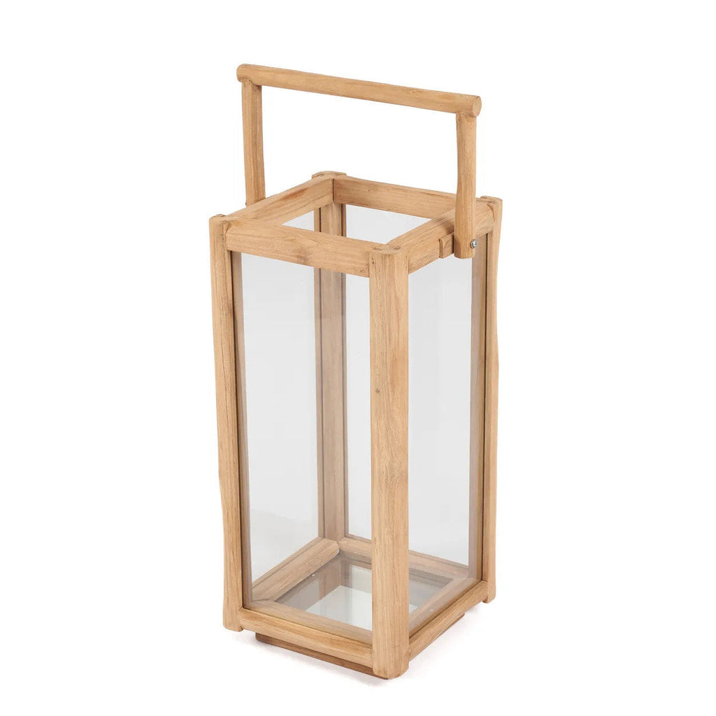 Rechteckige Laterne aus recyceltem Teakholz mit Griff – H60 cm