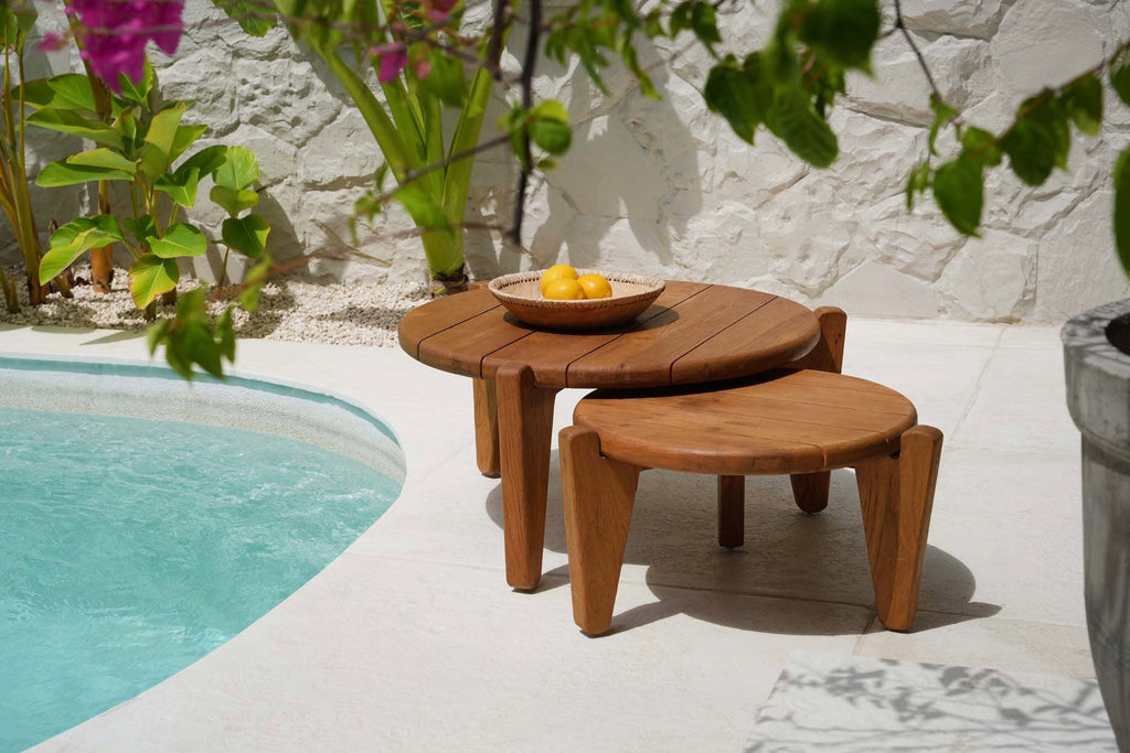 Runder Couchtisch aus recyceltem Teak Natur für Garten oder Terrasse – Ø50 cm