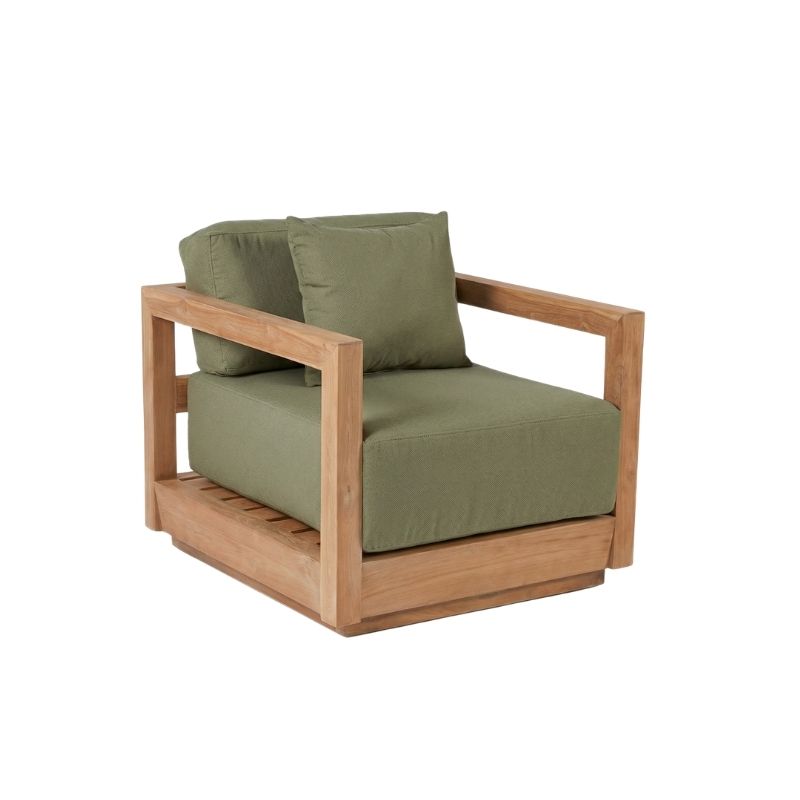 Gartensessel aus hellem Teakholz mit olivgrünen Kissen – 70x70 cm