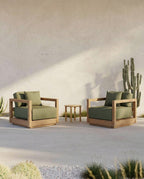 Gartensessel aus hellem Teakholz mit olivgrünen Kissen – 70x70 cm