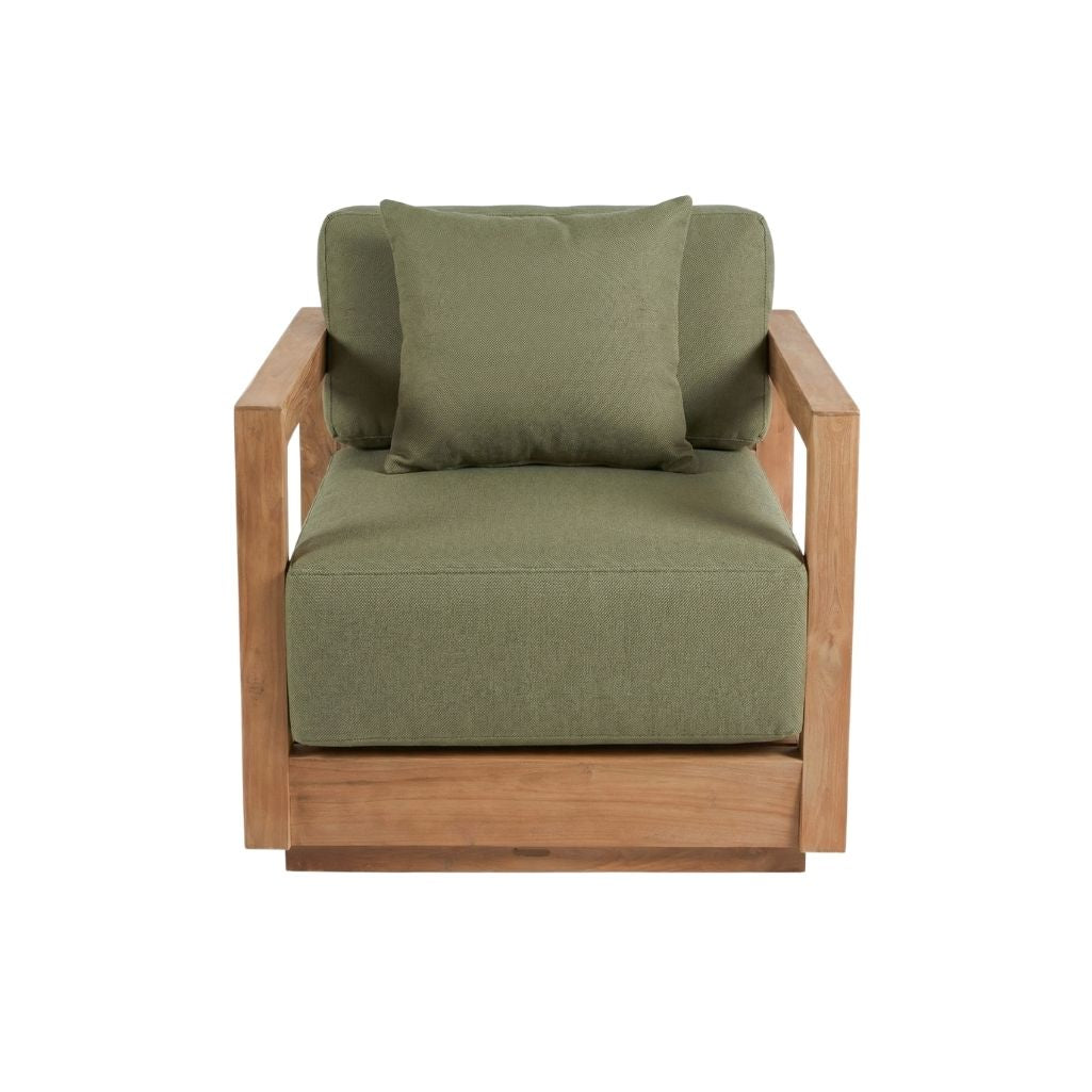 Gartensessel aus hellem Teakholz mit olivgrünen Kissen – 70x70 cm