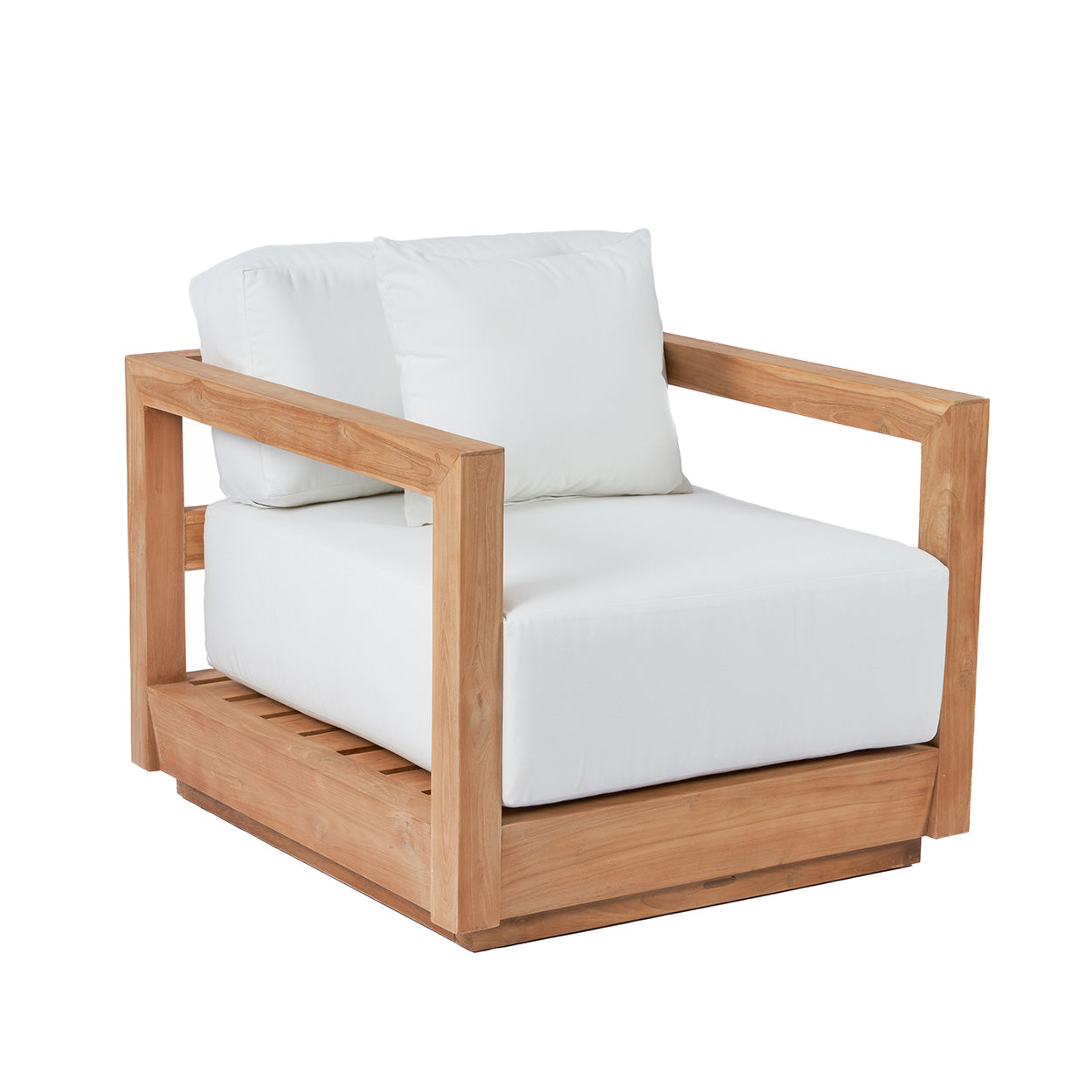 Sessel aus recyceltem Teak mit weißen Kissen für Außenbereich oder Wintergarten – 85x77 cm
