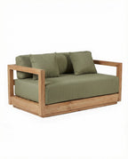 Gartensofa aus wiederverwertetem Teakholz mit olivgrünen Kissen – 2-Sitzer