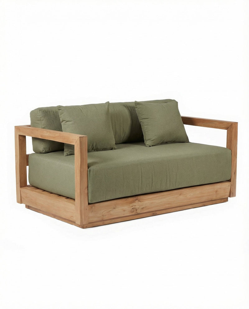 Gartensofa aus wiederverwertetem Teakholz mit olivgrünen Kissen – 2-Sitzer