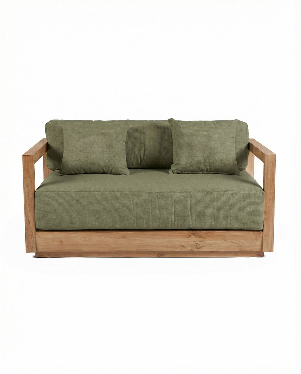 Gartensofa aus wiederverwertetem Teakholz mit olivgrünen Kissen – 2-Sitzer