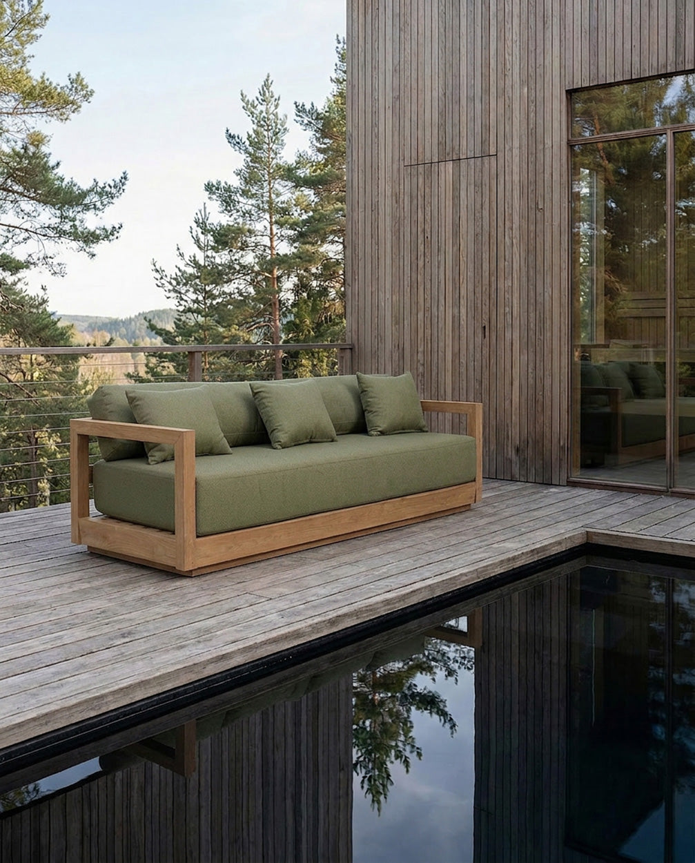 Gartensofa aus Teakholz, 3-Sitzer, mit olivgrünen Kissen