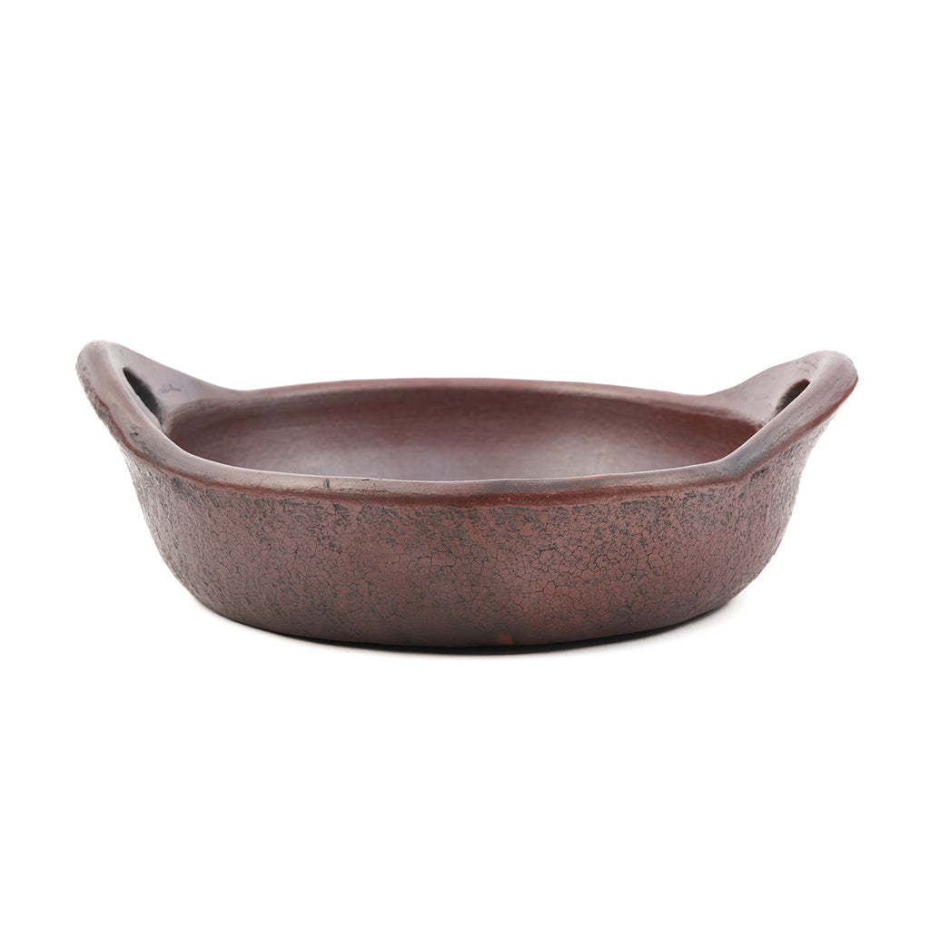 Servierschale aus brauner Terrakotta mit Griffen und Craquelé-Finish