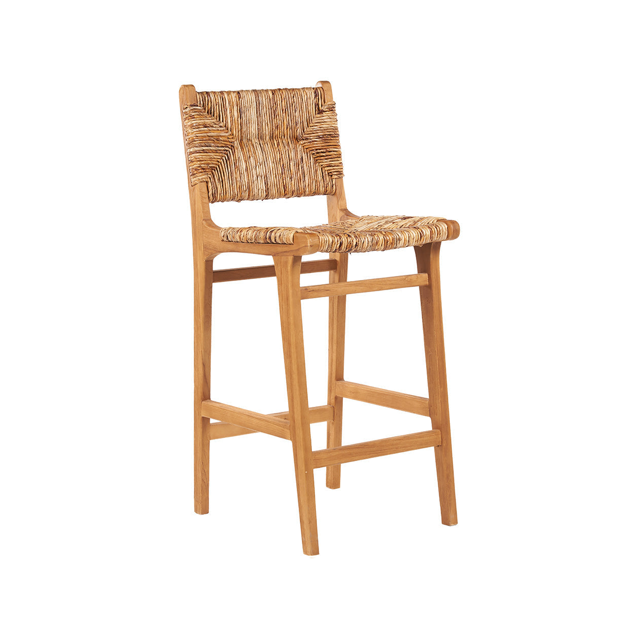 Barhocker aus recyceltem Holz und geflochtenem Naturrattan mit Rückenlehne