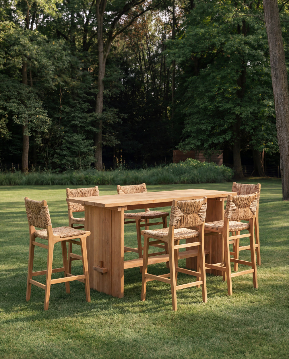 Barhocker aus recyceltem Holz und geflochtenem Naturrattan mit Rückenlehne
