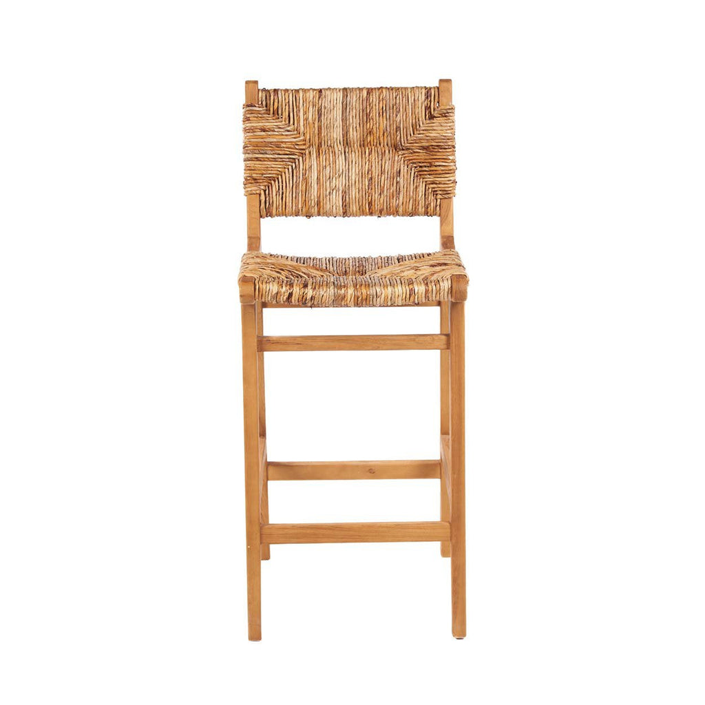 Barhocker aus recyceltem Holz und geflochtenem Naturrattan mit Rückenlehne