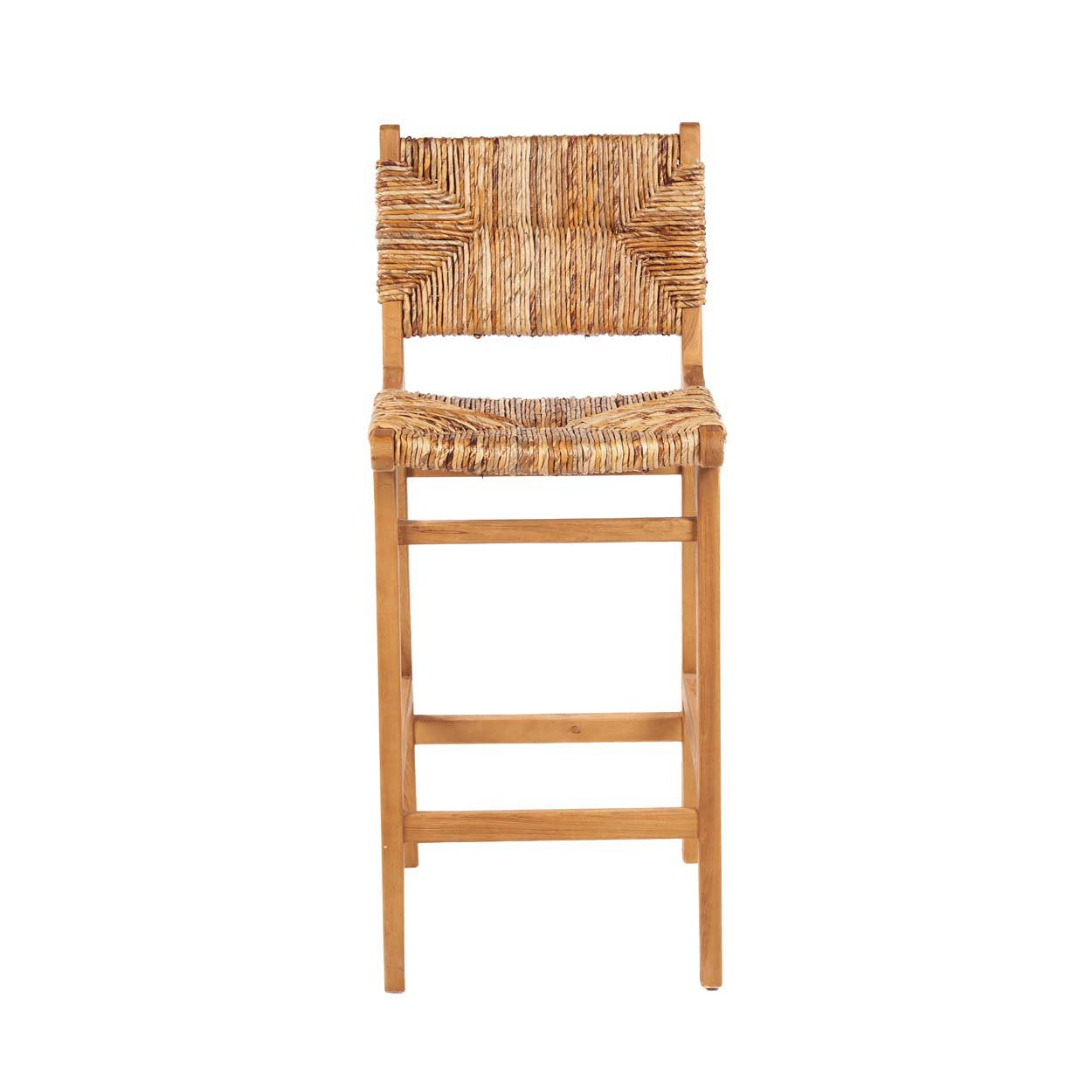 Barhocker aus recyceltem Holz und geflochtenem Naturrattan mit Rückenlehne