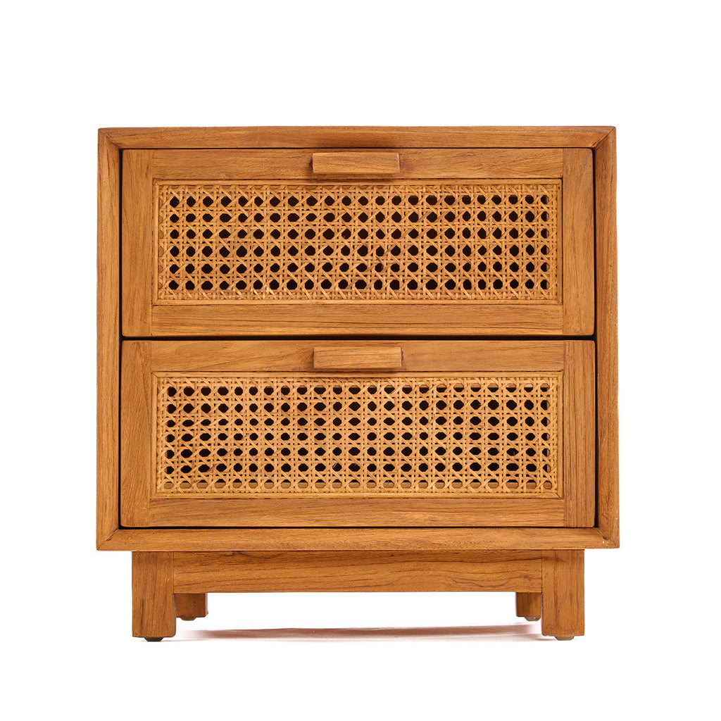 Nachttisch aus Teak und Rattan Natur mit 2 Schubladen – 51x48 cm