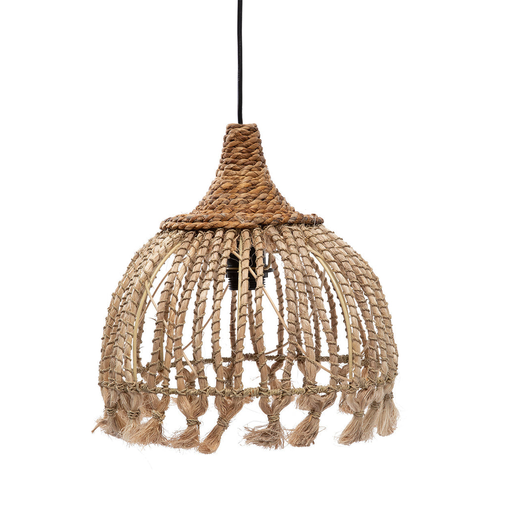 Kegelförmige Hängeleuchte aus geflochtenem Abaca – Pompons Natur – Ø30 cm