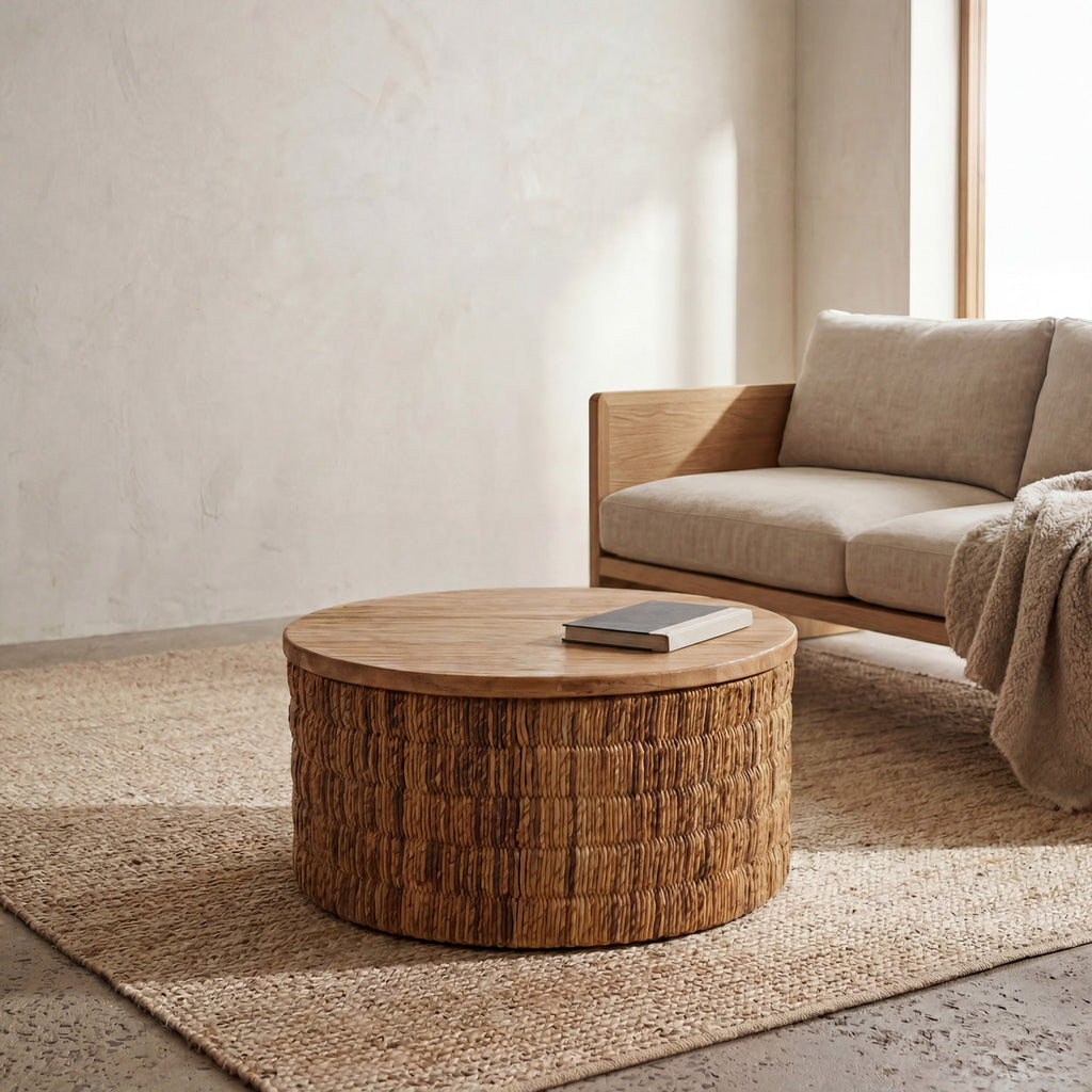 Runder Couchtisch aus Holz und Flechtfasern in Naturtönen – Ø80 cm