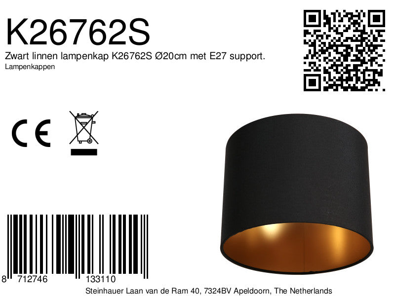 Zylindrischer Lampenschirm aus Leinen in Schwarz mit goldener Innenseite E27 – Ø20 cm