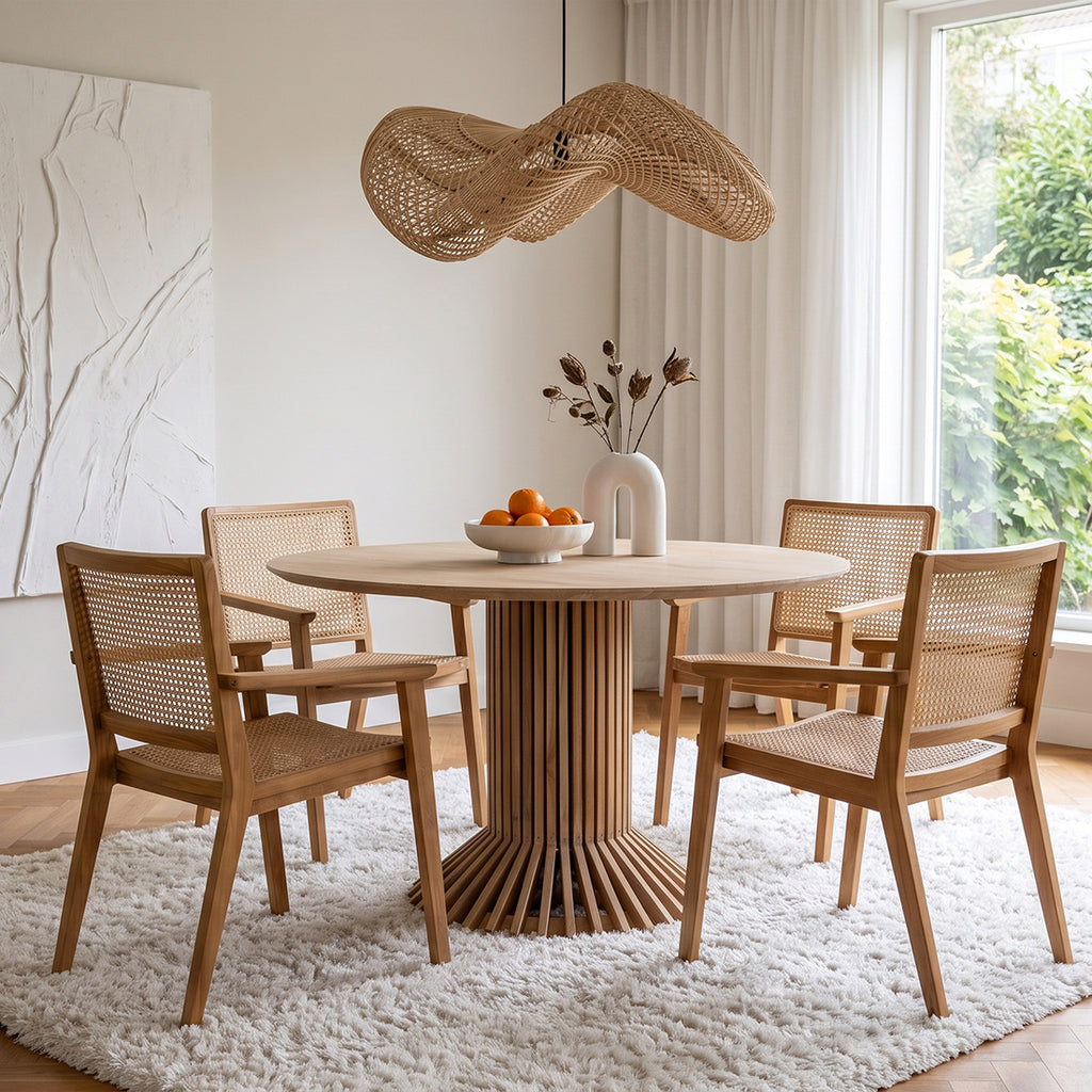 Hängeleuchte aus geflochtenem Rattan in Natur mit Wellenform fürs Wohnzimmer – Ø71 cm