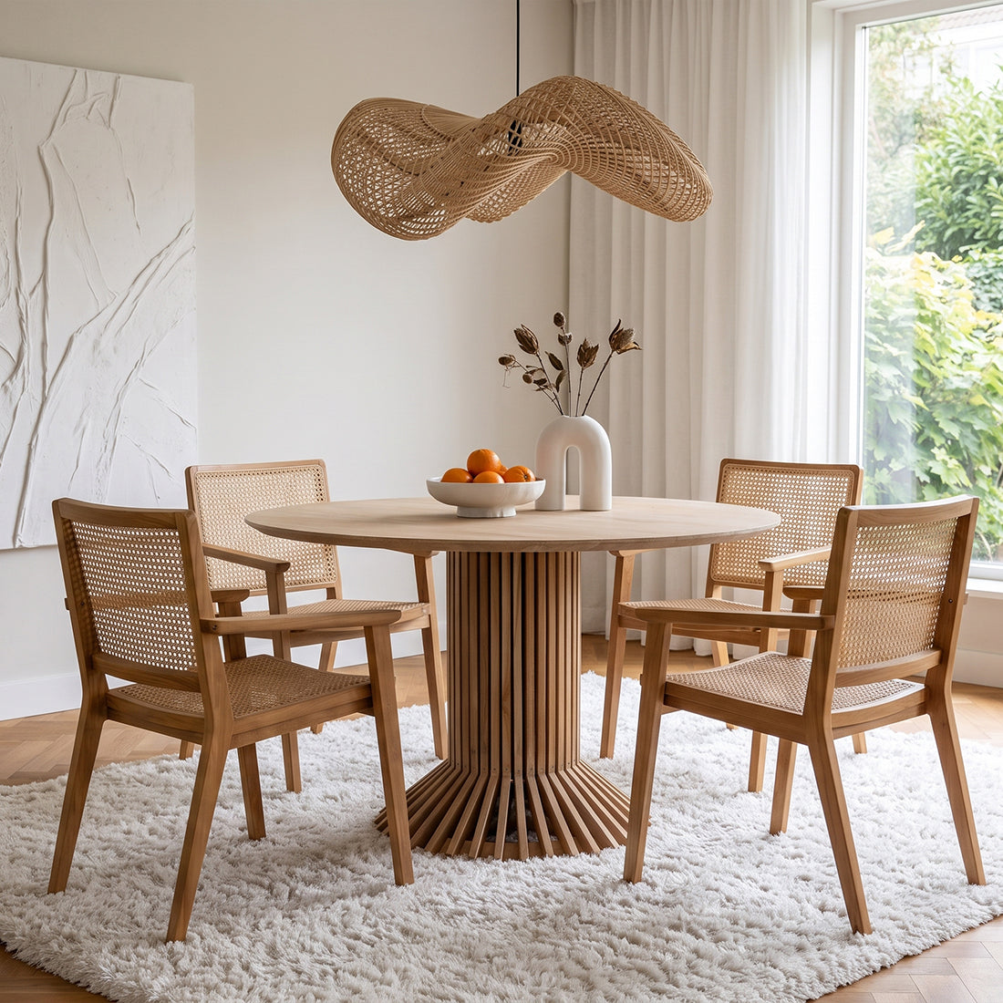 Hängeleuchte aus geflochtenem Rattan in Natur mit Wellenform fürs Wohnzimmer – Ø71 cm