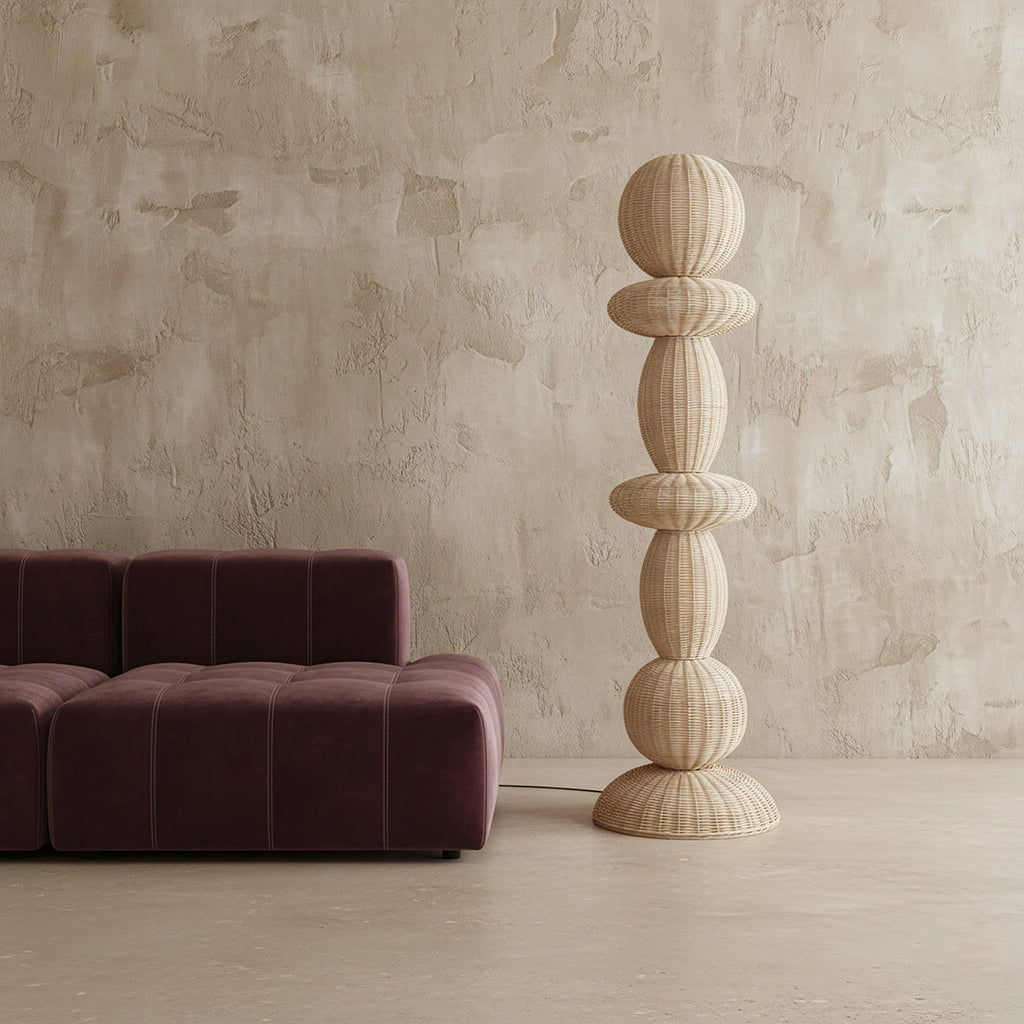 Stehlampe aus Rattan in Beige im Totem-Design fürs Wohnzimmer – H175 cm