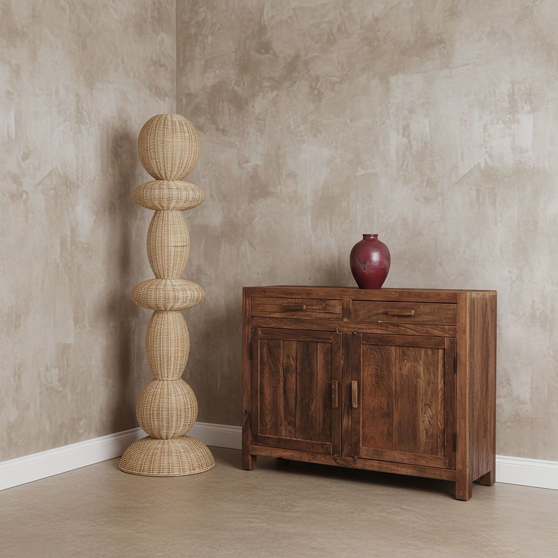 Stehlampe aus Rattan in Beige im Totem-Design fürs Wohnzimmer – H175 cm