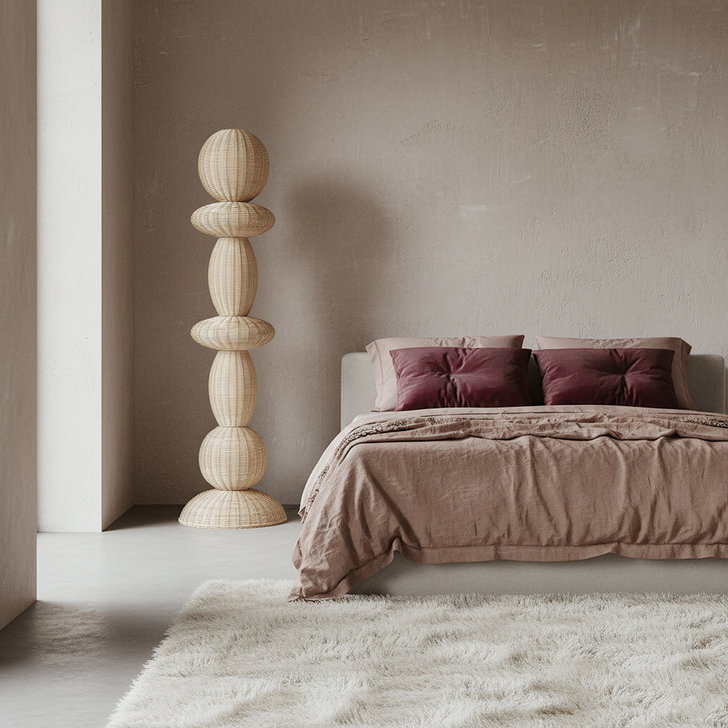 Stehlampe aus Rattan in Beige im Totem-Design fürs Wohnzimmer – H175 cm