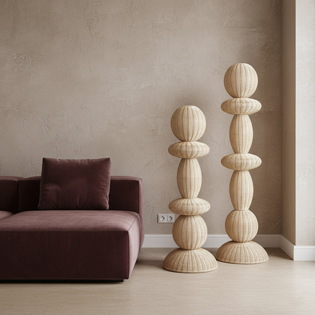 Stehlampe aus Rattan in Beige im Totem-Design fürs Wohnzimmer – H175 cm