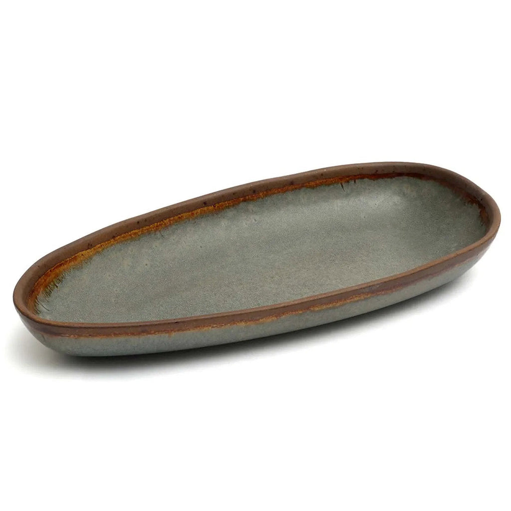 Ovales Serviertablett aus glasiertem Steinzeug in Graubraun – 34x16 cm