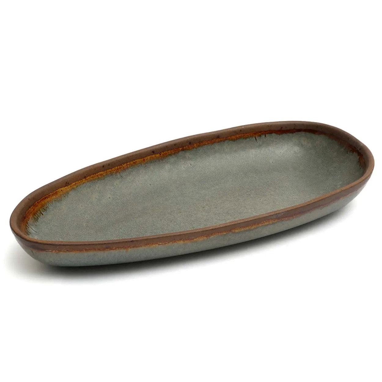 Ovales Serviertablett aus glasiertem Steinzeug in Graubraun – 34x16 cm