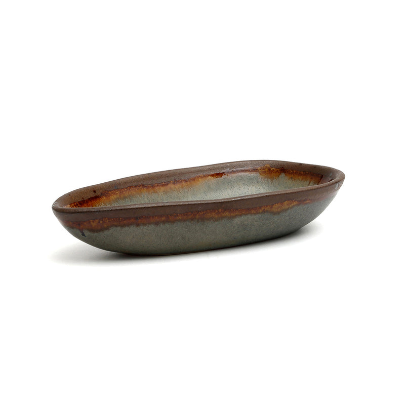 Ovale Servierplatte aus glasiertem Steinzeug in Grau und Rostbraun – 17 x 9 cm