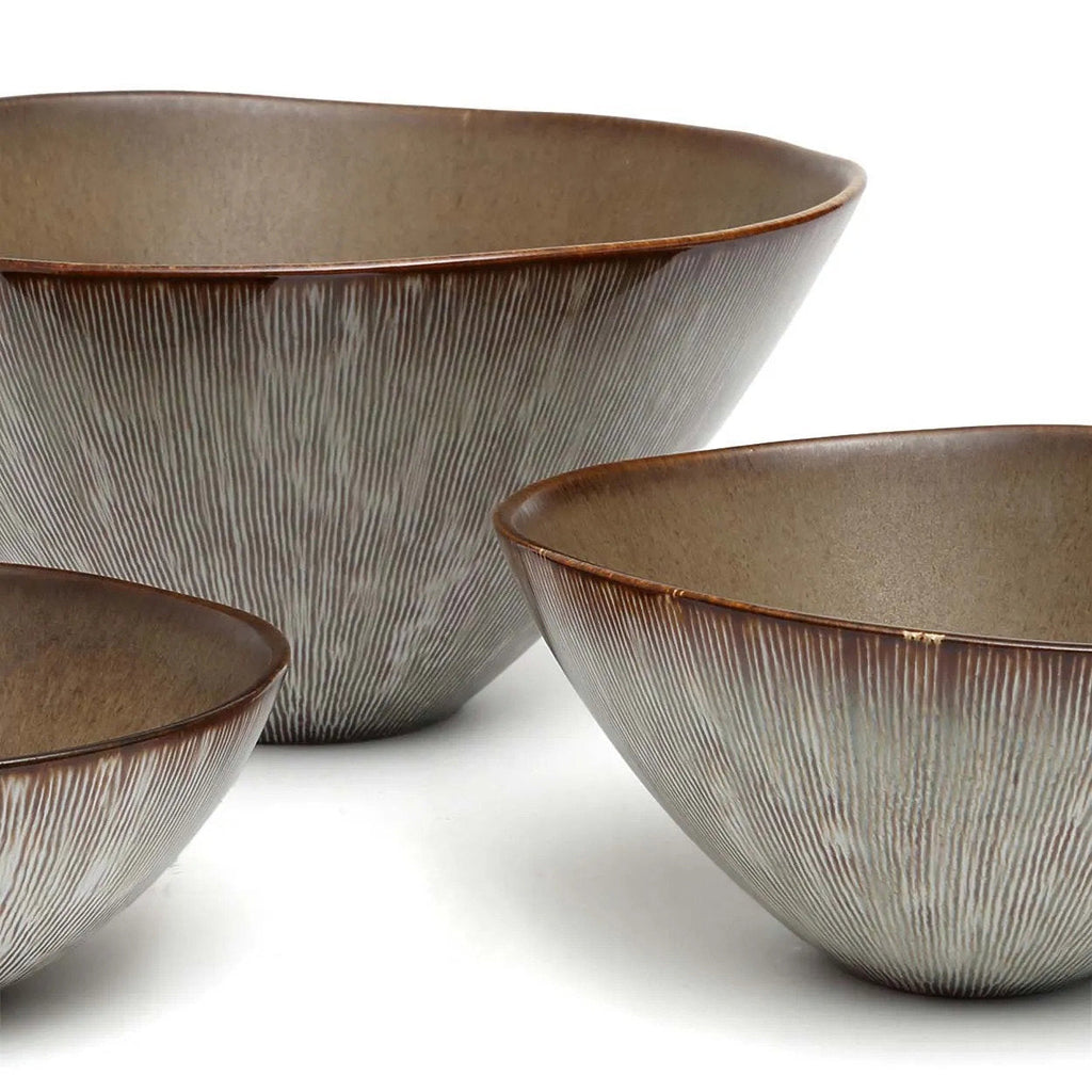 Schalen aus geriffelter Keramik matt in Braun und Grau – 2er-Set
