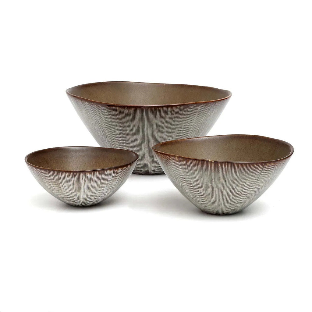 Schalen aus geriffelter Keramik matt in Braun und Grau – 2er-Set