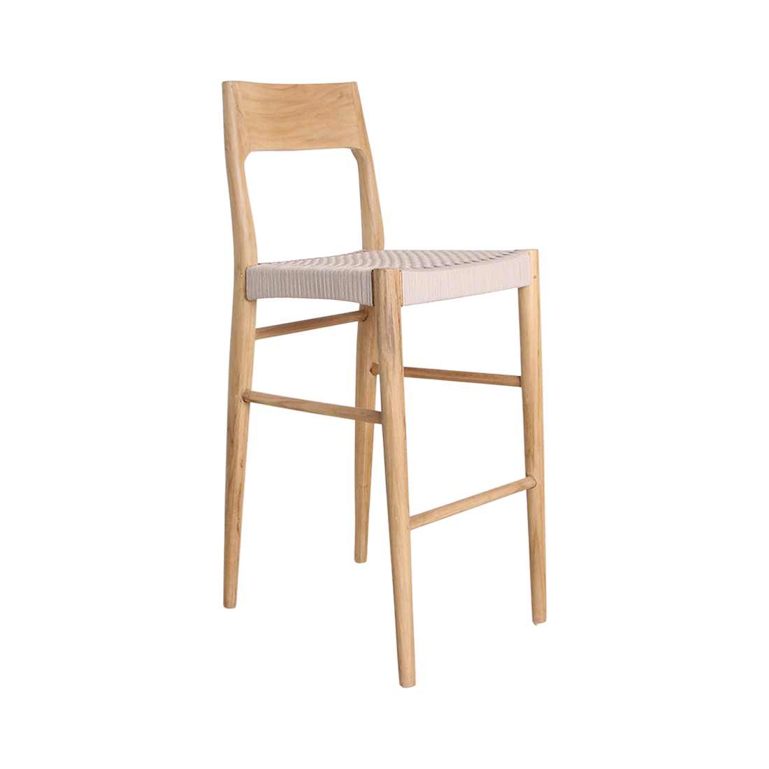 Barhocker aus hellem Teakholz mit Seilsitz in Beige – H109 cm
