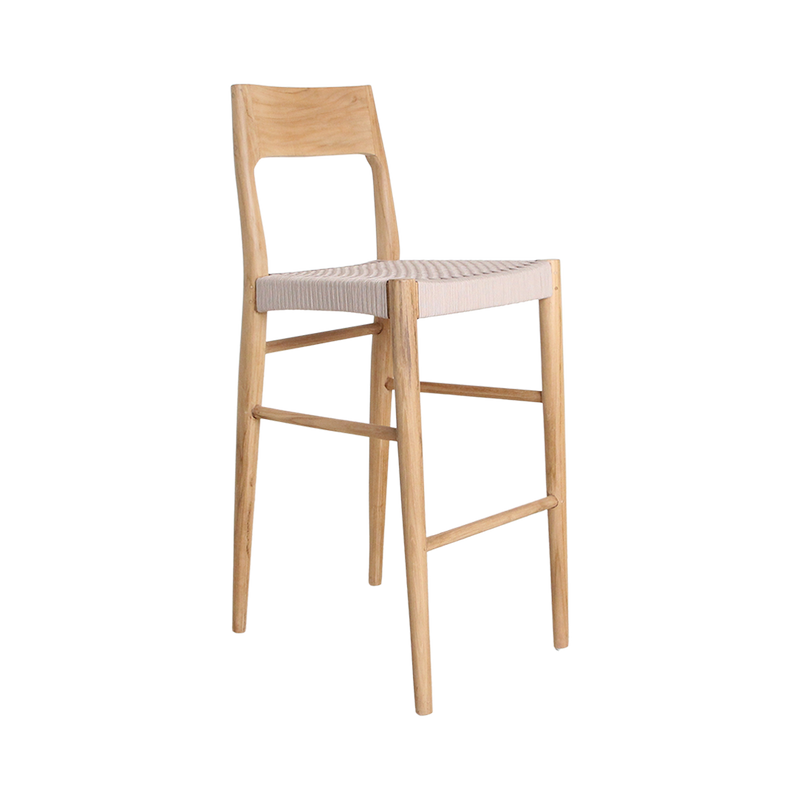 Barhocker aus hellem Teakholz mit Seilsitz in Beige – H109 cm