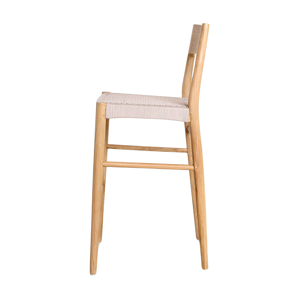 Barhocker aus hellem Teakholz mit Seilsitz in Beige – H109 cm
