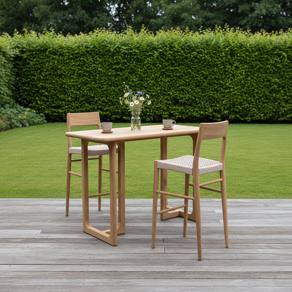 Barhocker aus hellem Teakholz mit Seilsitz in Beige – H109 cm