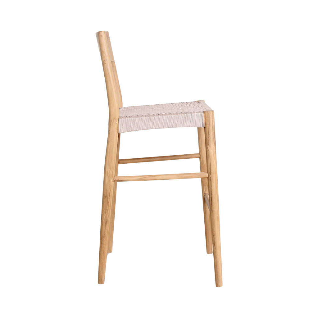 Barhocker aus hellem Teakholz mit Seilsitz in Beige – H109 cm